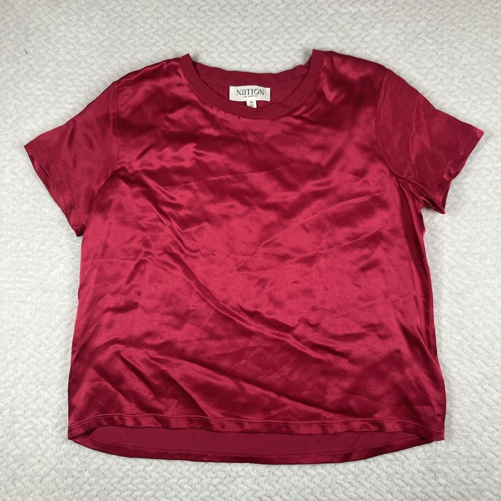 Nation LTD Womens Crew Neck Satin Short Sleeve T-Shirt Solid Pink Size‎ XS